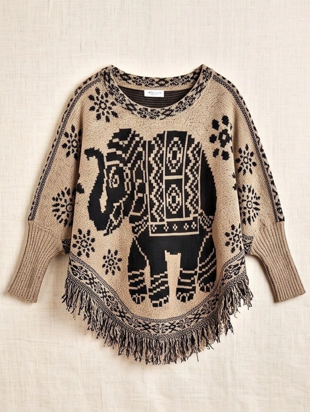 ACE fashion one size fits all Geometric Fringe Poncho in Brown & Black Like New